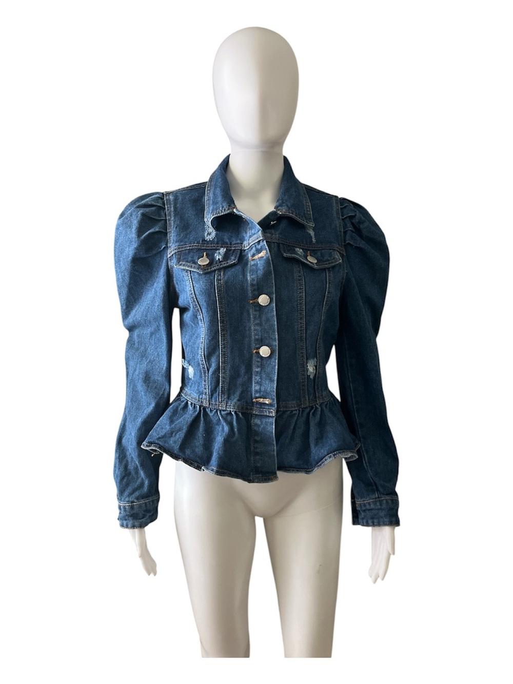 Women's Blue Denim Peplum Jacket with Puff Shoulders